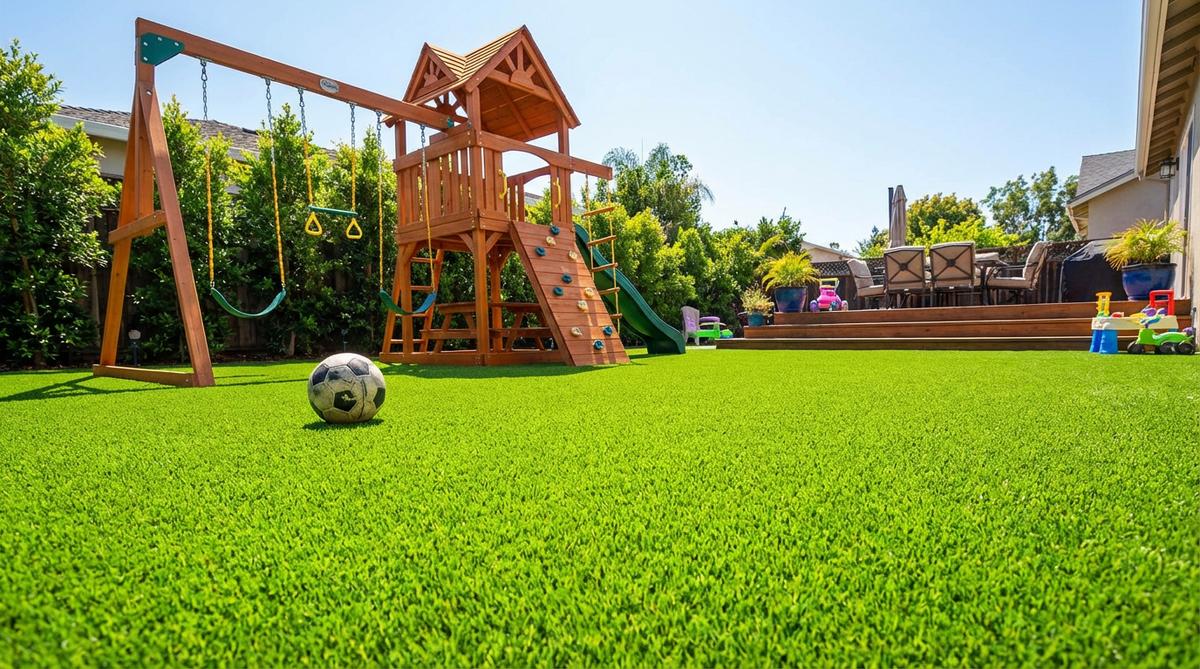 Family friendly backyard with playset