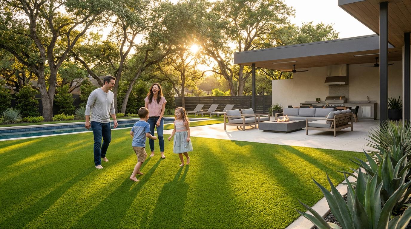 Family playing on artificial turf