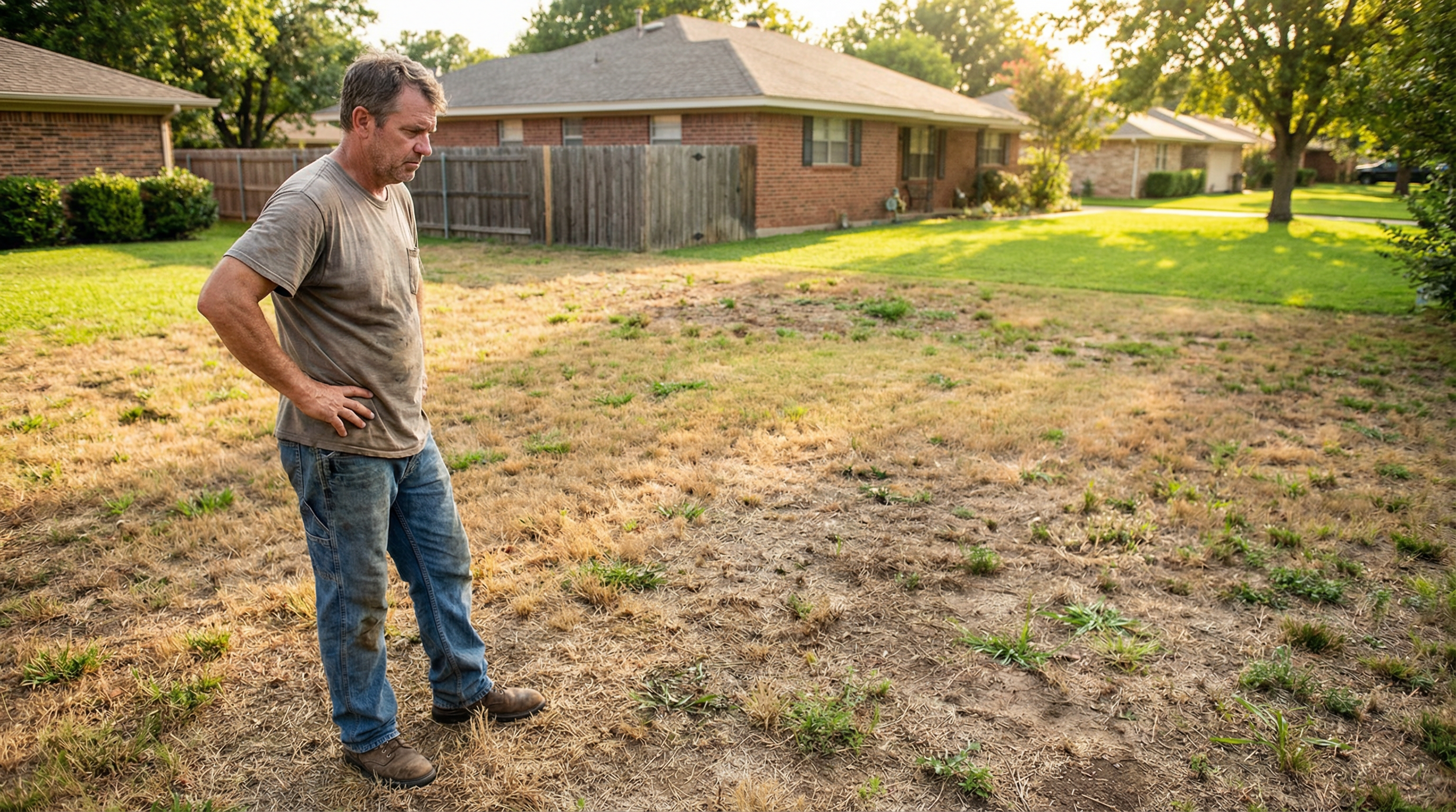 Frustrated homeowner with brown patchy lawn